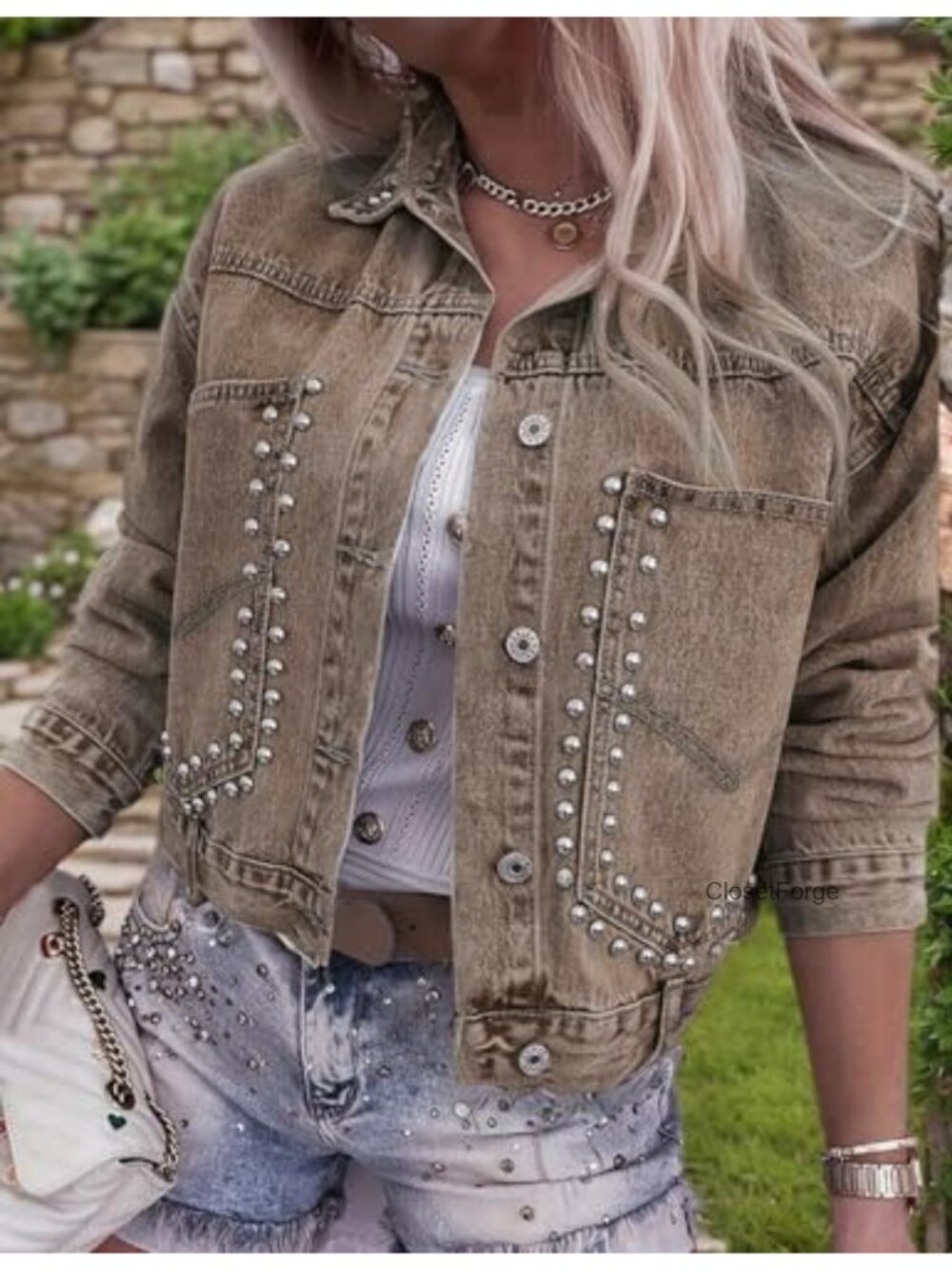 Rivet Studded Cropped Denim Jacket Loose Fit Cotton Blend Women's Casual - Picture 4 of 6